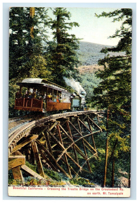 Mt. Tamalpaia CA, Crossing The Trestle Bridge Crookedest Train Railroad Postcard