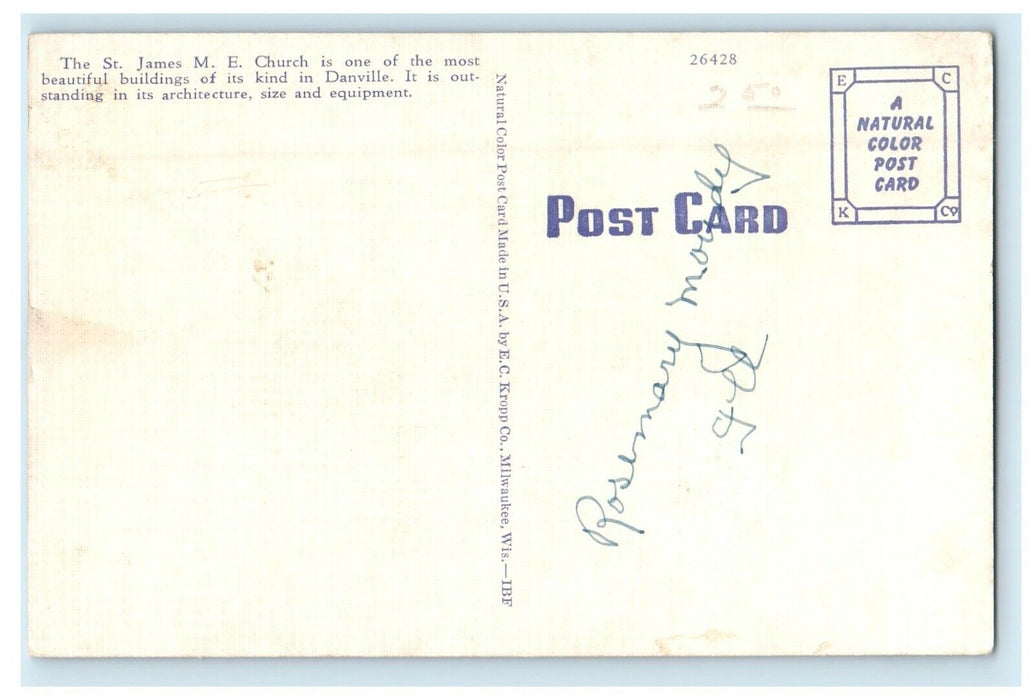 c1940's The St. James M.E Church Street View Danville Illinois IL Postcard