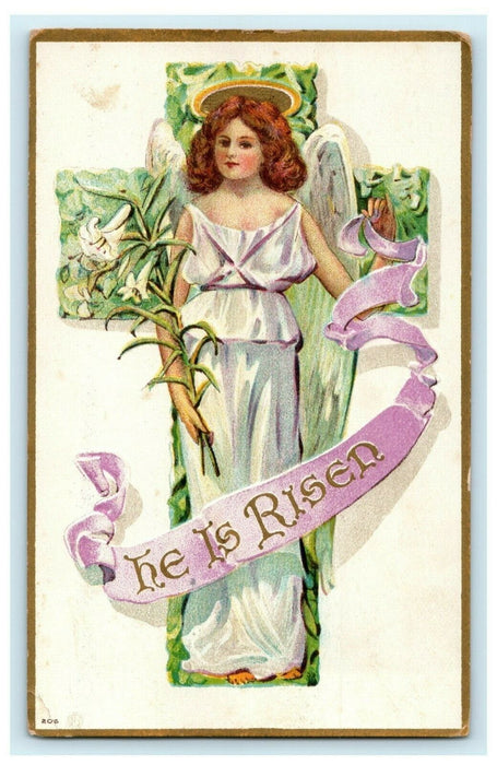 1913 Easter Angel "He Is Risen" Flowers Cross Embossed Antique Postcard