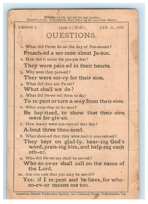 1883 American Baptist Society Christian Bible Religious Hymn Lesson Trade Card
