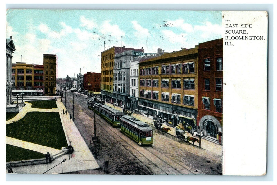 1909 East Side Square Bloomington Illinois IL Cow Milking Trolley Postcard