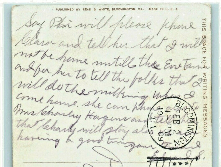 1909 East Side Square Bloomington Illinois IL Cow Milking Trolley Postcard