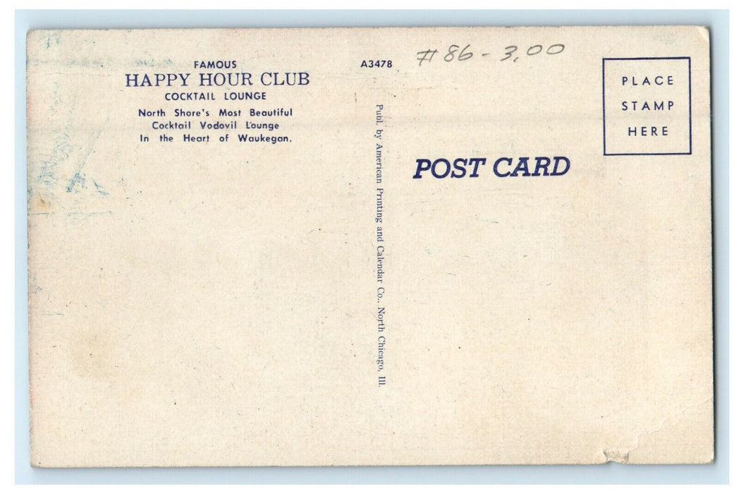 c1940's Happy Hour Club Cocktail Lounge Waukegan Illinois IL Postcard