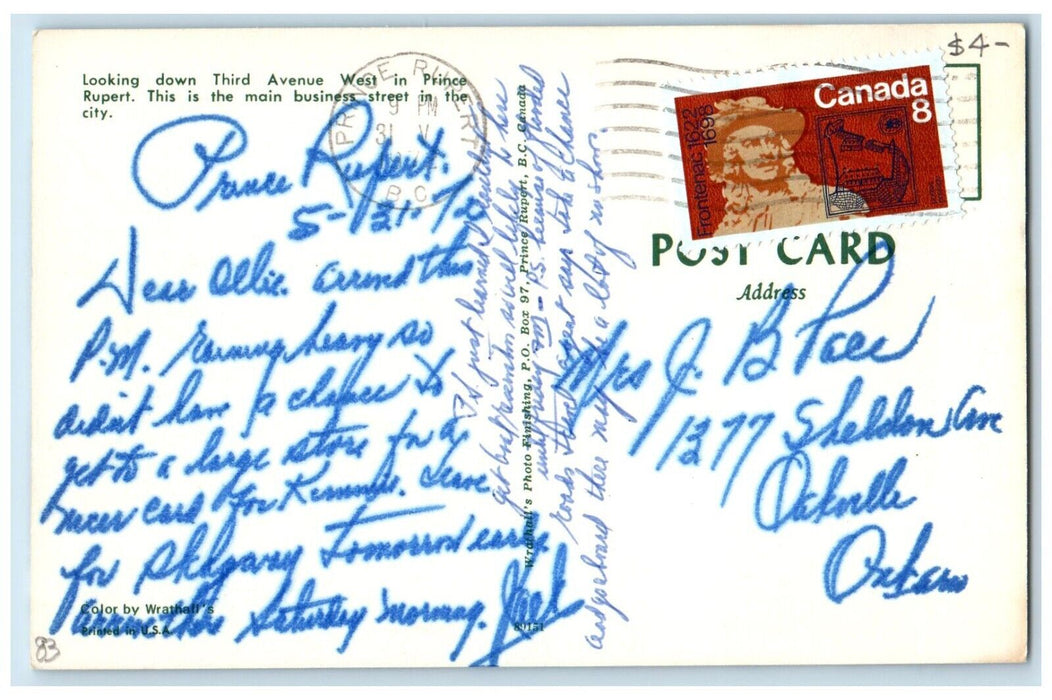 1974 Looking Down Third Avenue West Shop Easy Prince Rupert B.C. Canada Postcard