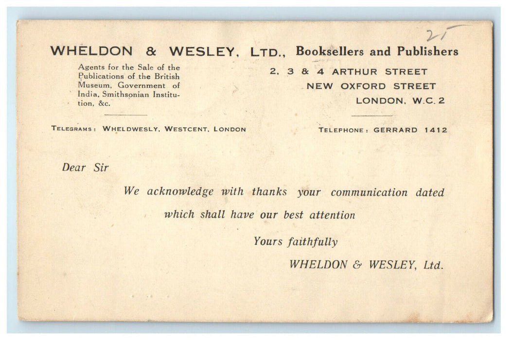 c1905s Wheldon & Wesley LTD New Oxford Street London Posted Advertising Postcard