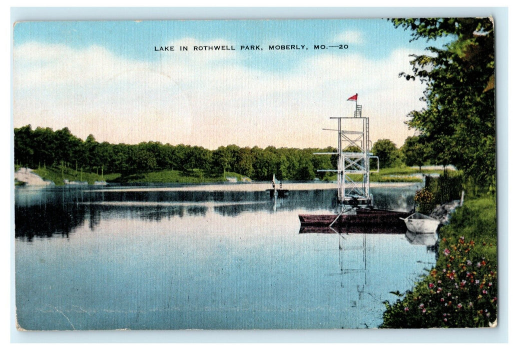 1945 Lake in Rothwell Park Moberly Missouri RPO Train Tucumcari Vintage Postcard