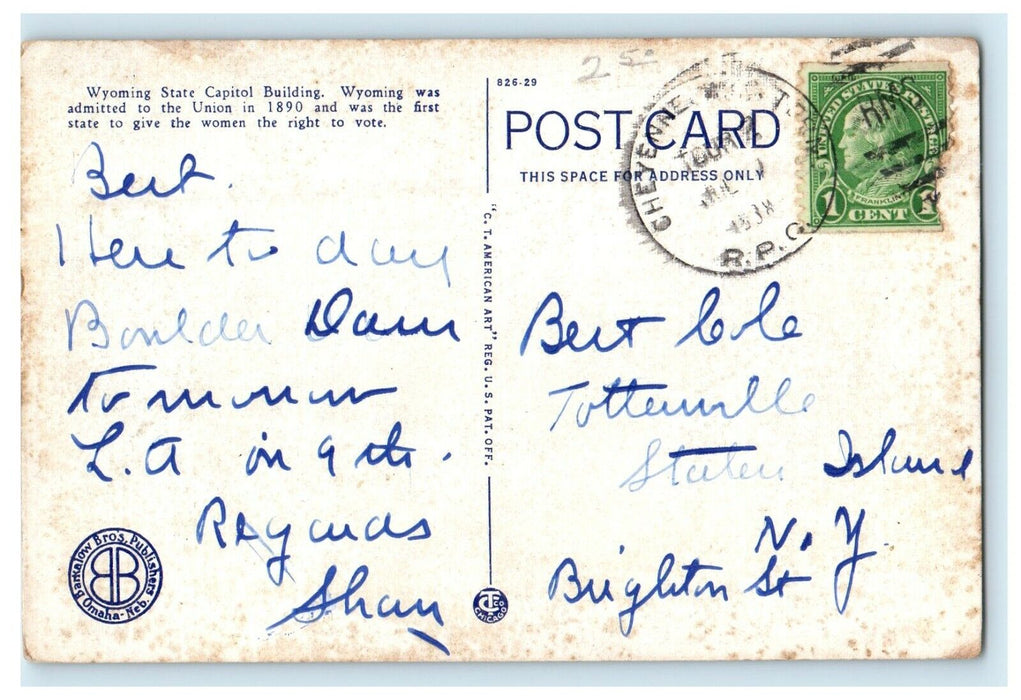 1938 State Capitol Building View Cheyenne Wyoming WY Posted Vintage Postcard