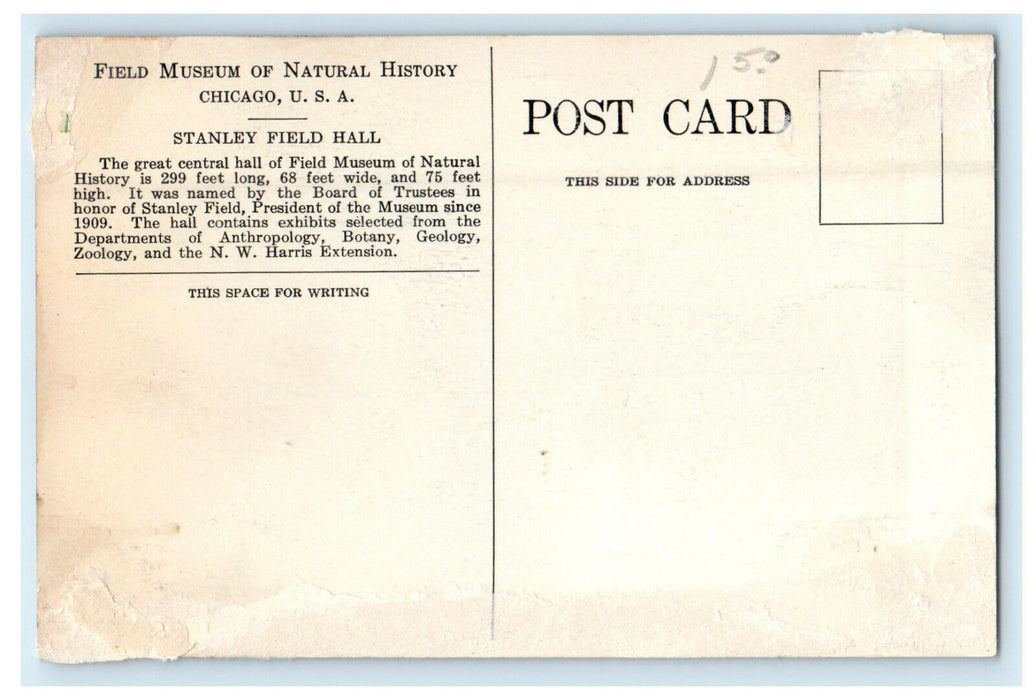 c1920 Stanley Hall Field Museum of Natural History Chicago Illinois IL Postcard