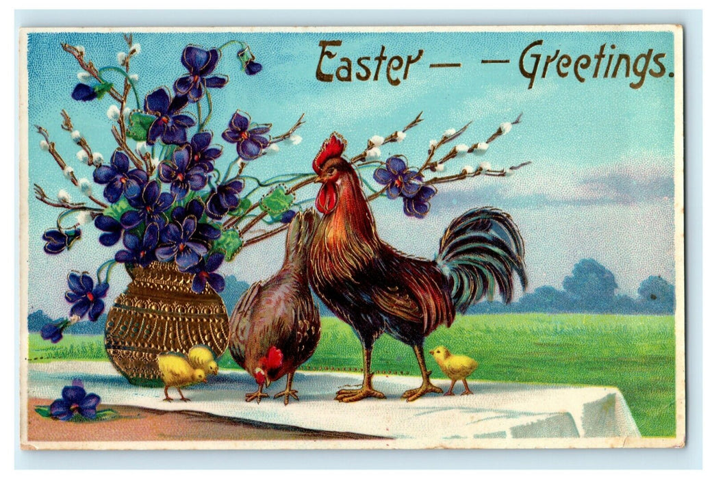 Easter Rooster Chicks Gel Gold Gilt Flowers Germany c1910 Antique Postcard