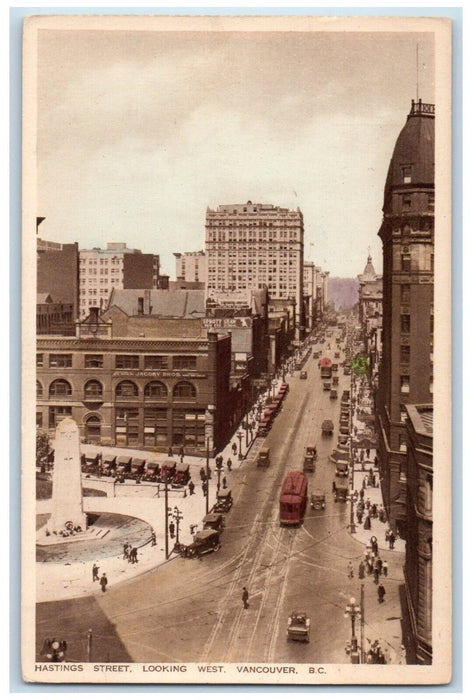c1910's Hastings Street Looking West Trolley Cars Vancouver B.C. Canada Postcard