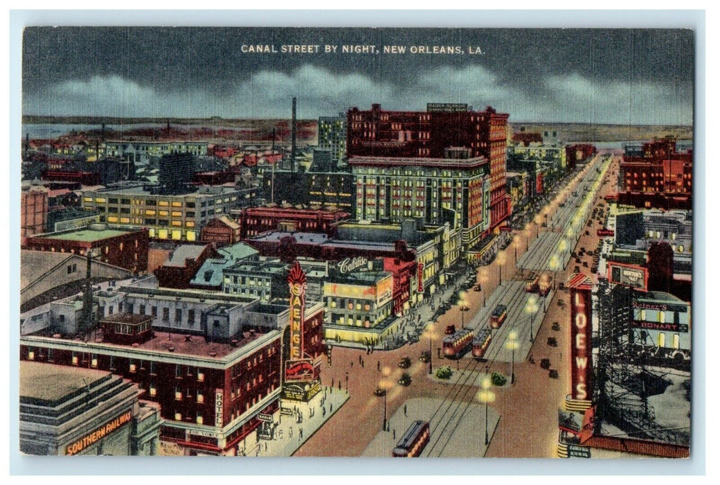 Aerial View Of Canal Street By Night New Orleans Louisiana LA Vintage Postcard