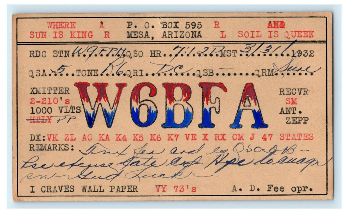 1932 W6BFA Mesa Arizona QSO Ham Radio AZ Vintage Postcard