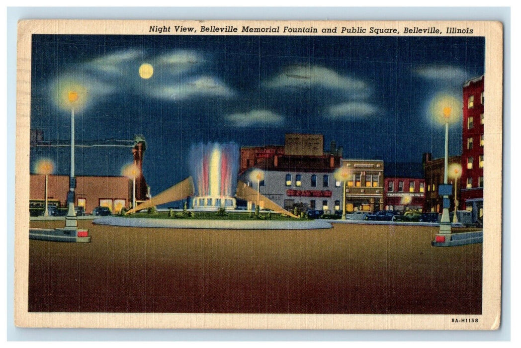 1942 Night View Belleville Memorial Fountain Public Square Illinois IL Postcard