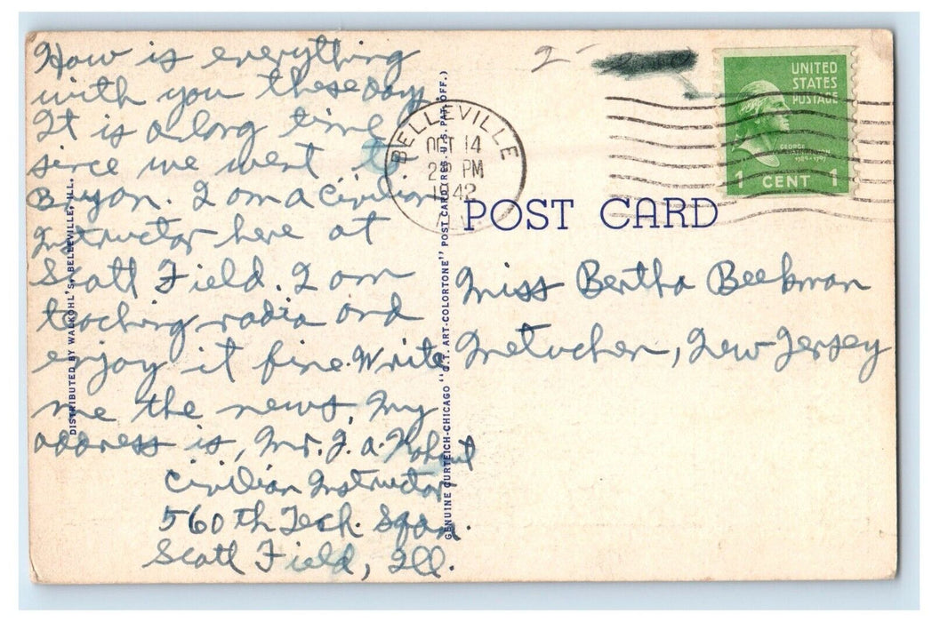 1942 Night View Belleville Memorial Fountain Public Square Illinois IL Postcard