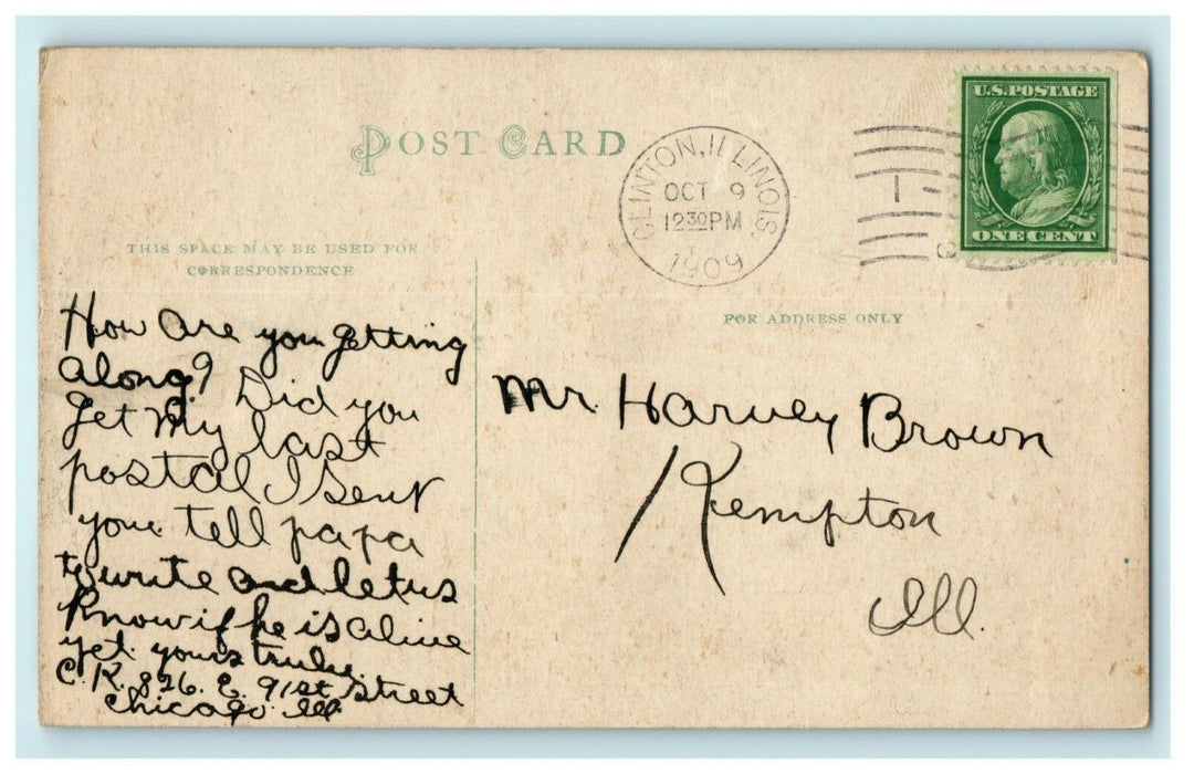 1909 New High School Clinton Illinois IL Posted Antique Postcard