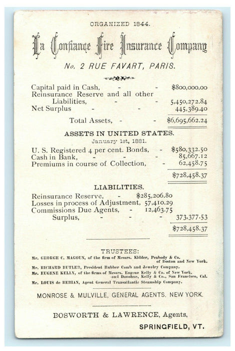 1881 La Confiance Insurance Co. Springfield Vermont VT Trade Card