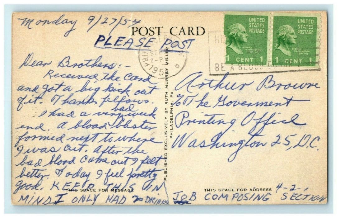 1954 Veterans Administration Hospital Philadelphia Pennsylvania PA Postcard