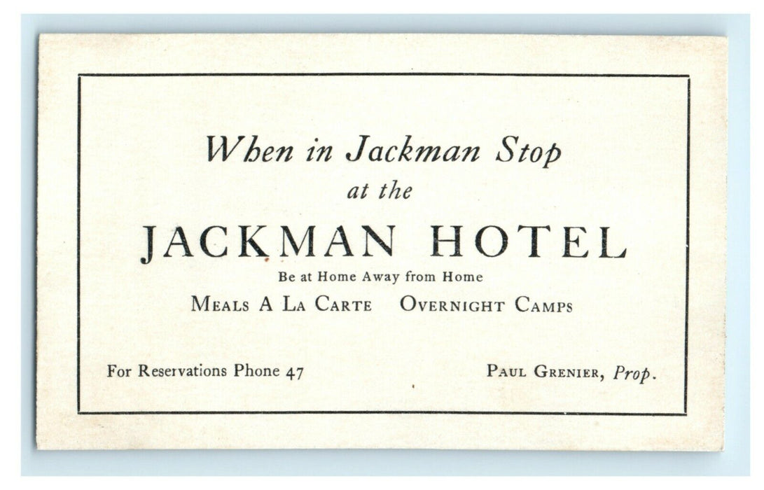 c1920's Jackman Hotel Motel Store Shop Maine ME Business Card