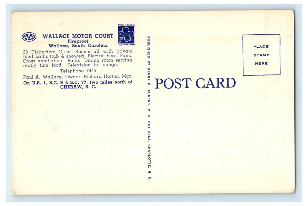 c1940's Wallace Motor Court Motel Fireproof Wallace South Carolina SC Postcard