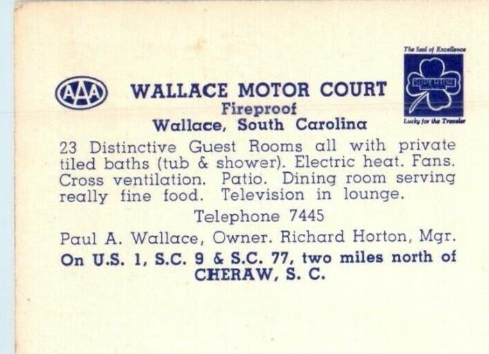 c1940's Wallace Motor Court Motel Fireproof Wallace South Carolina SC Postcard