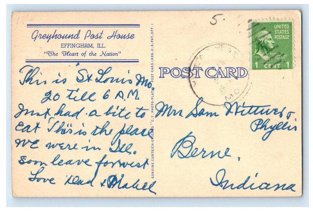 c1940's Greyhound Post Office Effingham Illinois IL Posted Vintage Postcard