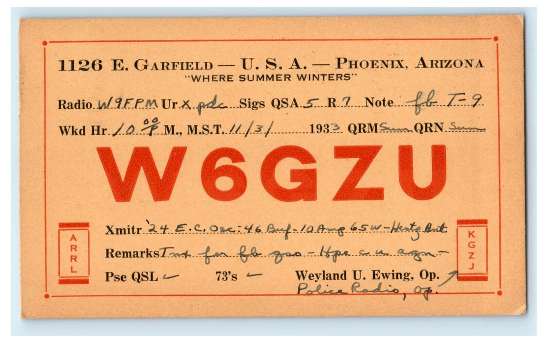 1933 W6GZU Phoenix 1126 Garfield Arizona QSO Ham Radio AZ Vintage Postcard