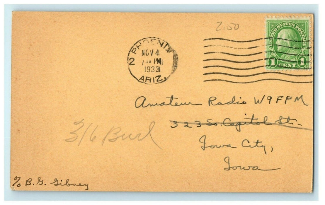 1933 W6GZU Phoenix 1126 Garfield Arizona QSO Ham Radio AZ Vintage Postcard