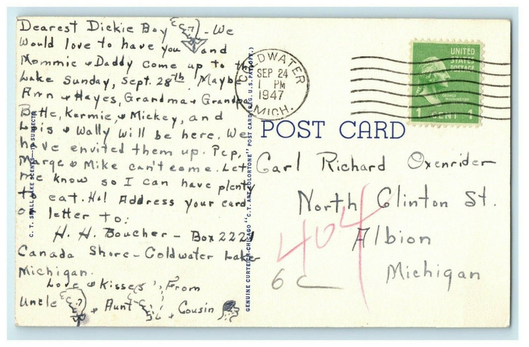 1947 Greetings from Crystal Beach Coldwater Michigan MI Vintage Postcard