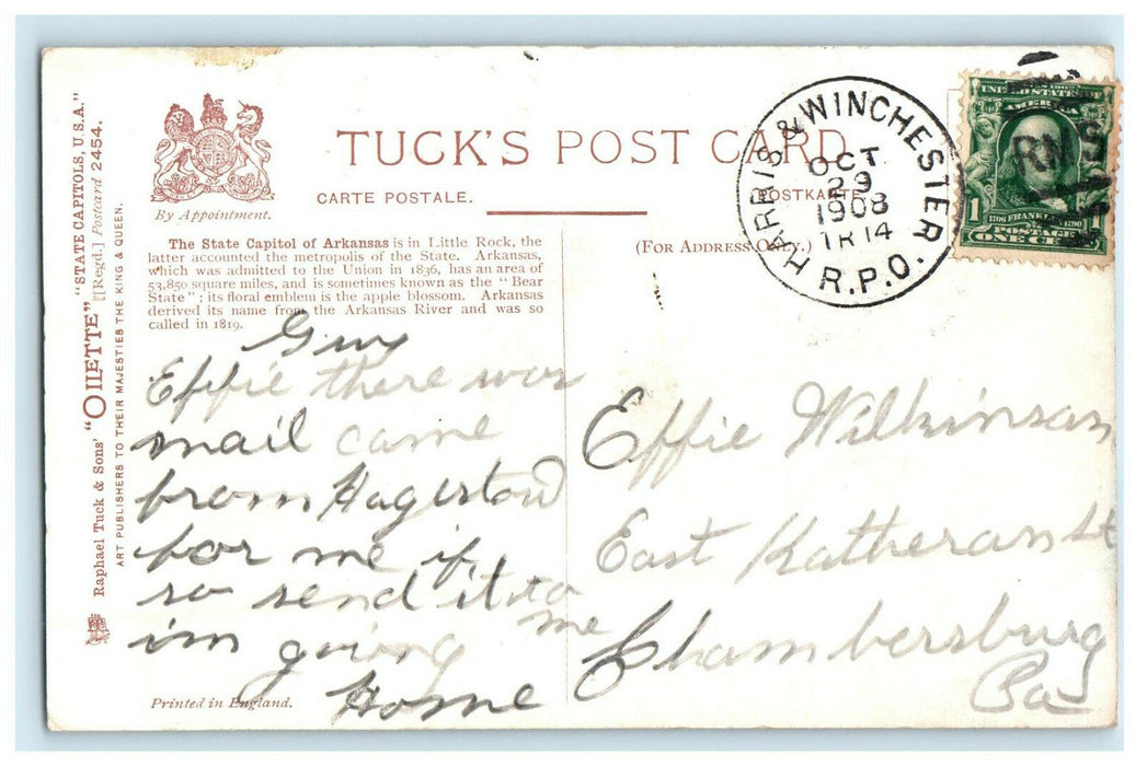 1908 The Arkansas State Capitol Little Rock Arkansas AR Tuck RPO Postcard