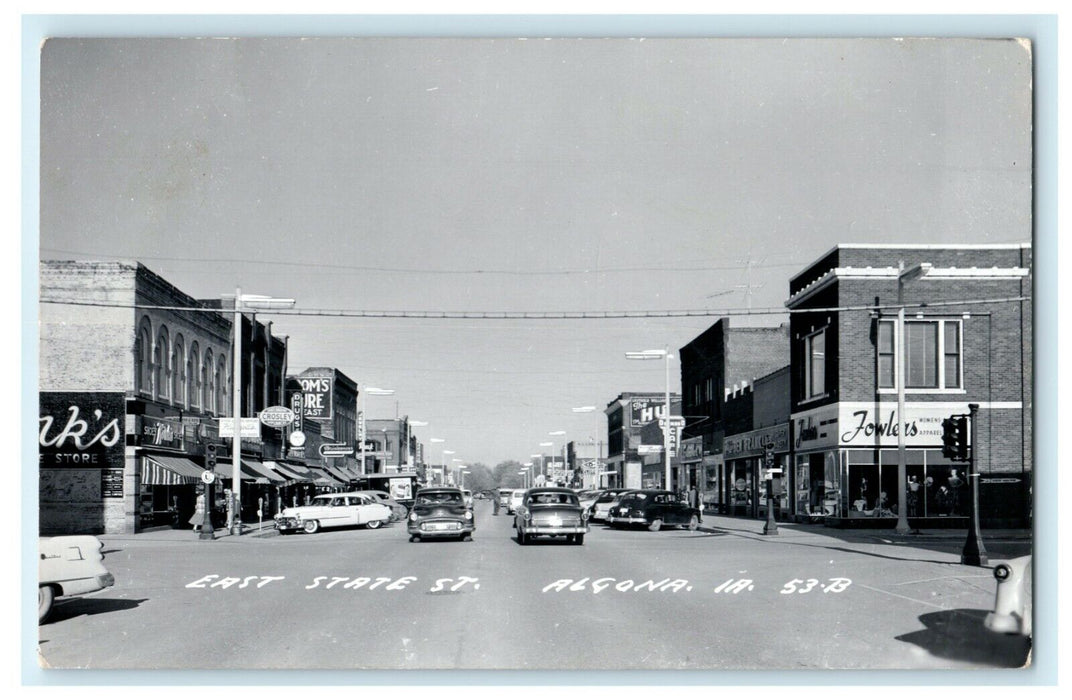 c1960's East State Street Algona Iowa IA Vintage Classic Car RPPC Photo Postcard