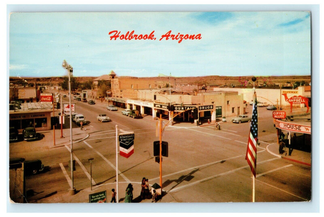 c1960's Holbrook Arizona AZ Mobile Gas Station Vintage Classic Cars Postcard