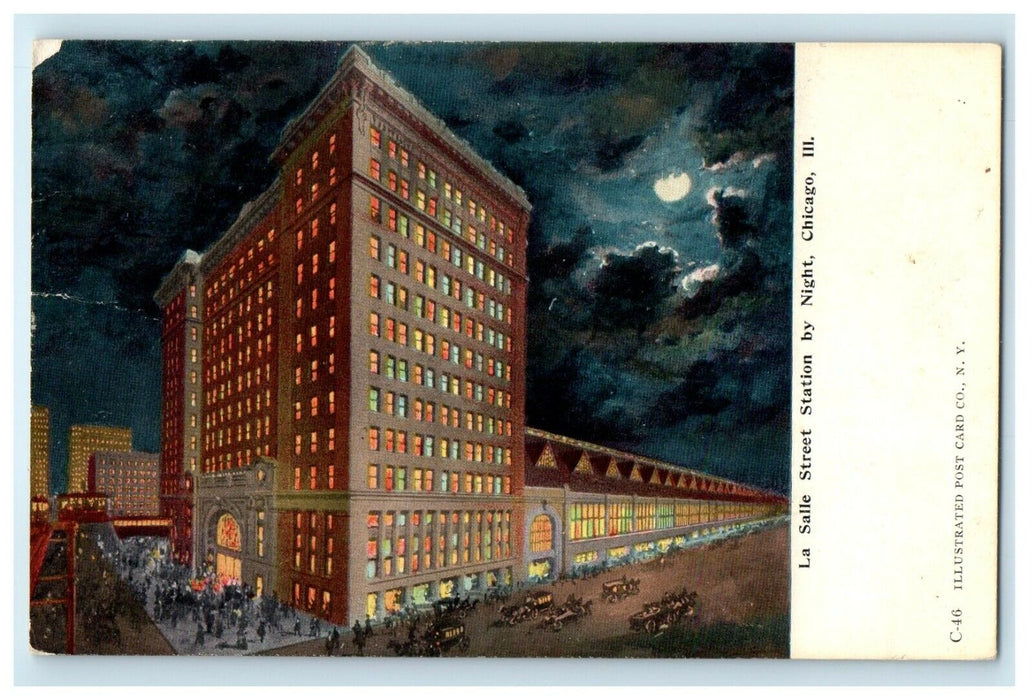 c1910 La Salle Street Station By Night Moon View Chicago Illinois IL Postcard