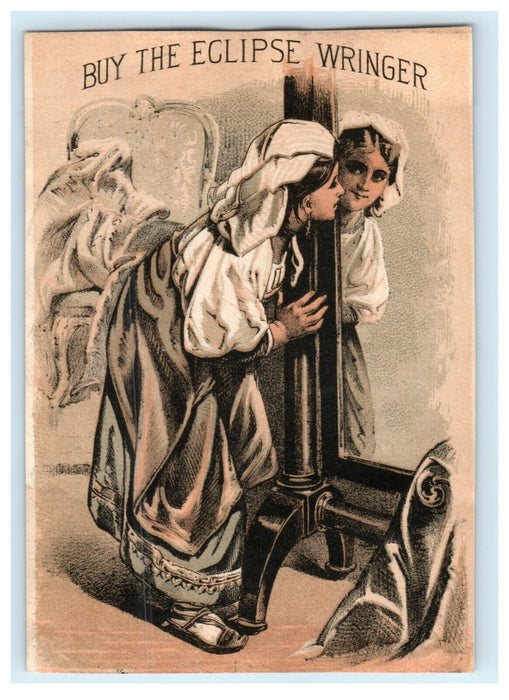 c1880's Eclipse Wringer Girl Mirror Worcester Massachusetts MA Trade Card