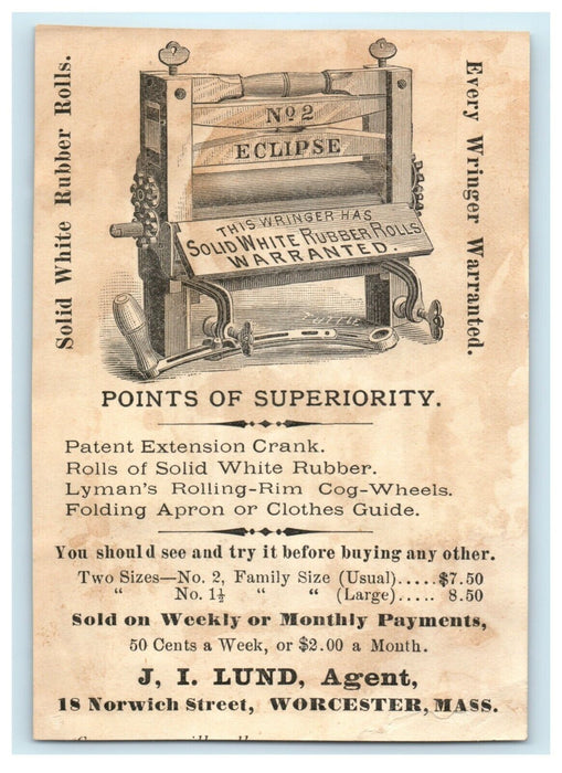 c1880's Eclipse Wringer Girl Mirror Worcester Massachusetts MA Trade Card