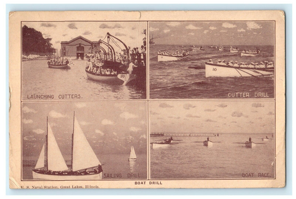 1918 US Naval Station Great Lakes Illinois IL Sailing Boat Antique Postcard