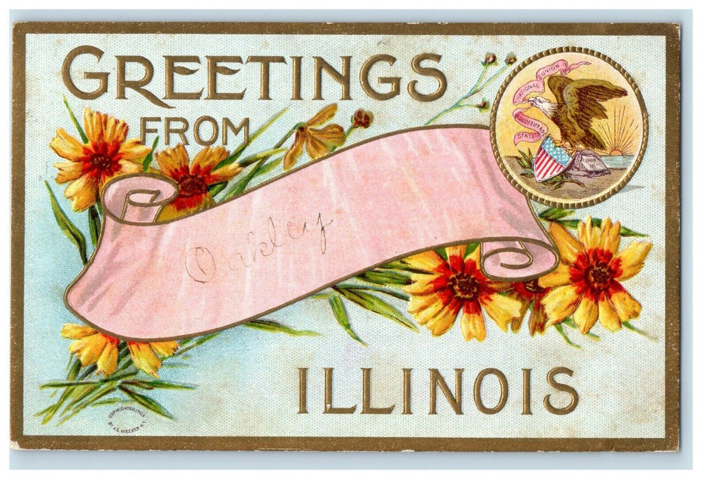 1910 Greetings From Oakley Illinois IL, Flowers Antique Postcard