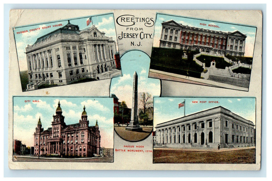 1916 Multiview of Buildings, Greetings from Jersey City New Jersey NJ Postcard