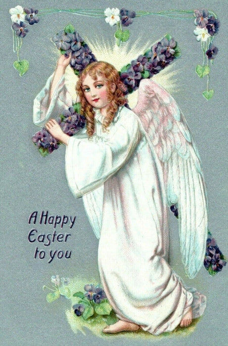 1909 Easter Angel Carrying Flower Cross Embossed Tuck Antique Germany Postcard