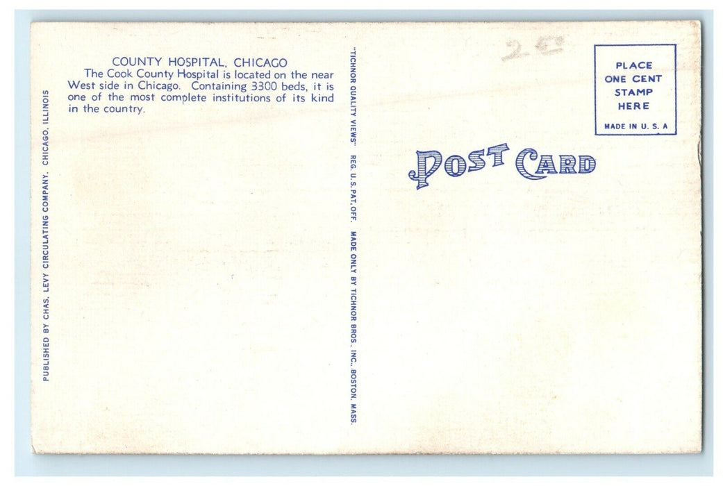 c1940's View Of County Hospital Building Chicago Illinois IL Vintage Postcard