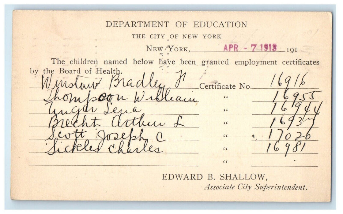 1913 Child Labor Department Education Brooklyn New York NY Advertising Postcard