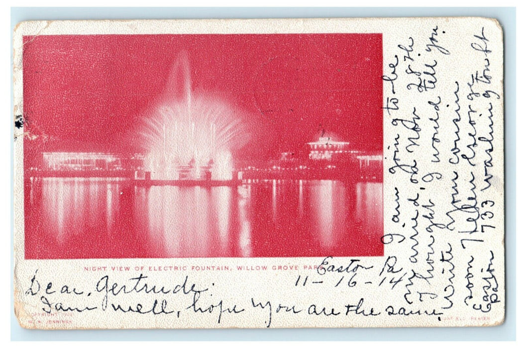 1902 Night View Electric Fountain Willow Grove Park PA Posted Antique Postcard