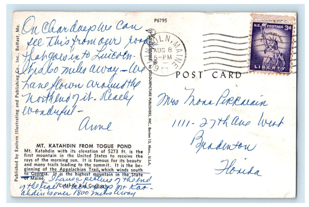 1958 Mt. Katahdin from Togue Pond Highest Mountain in Maine ME Vintage Postcard
