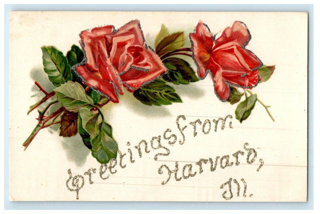 c1910 Greetings From Harvard Illinois IL Flowers Glitter Postcard