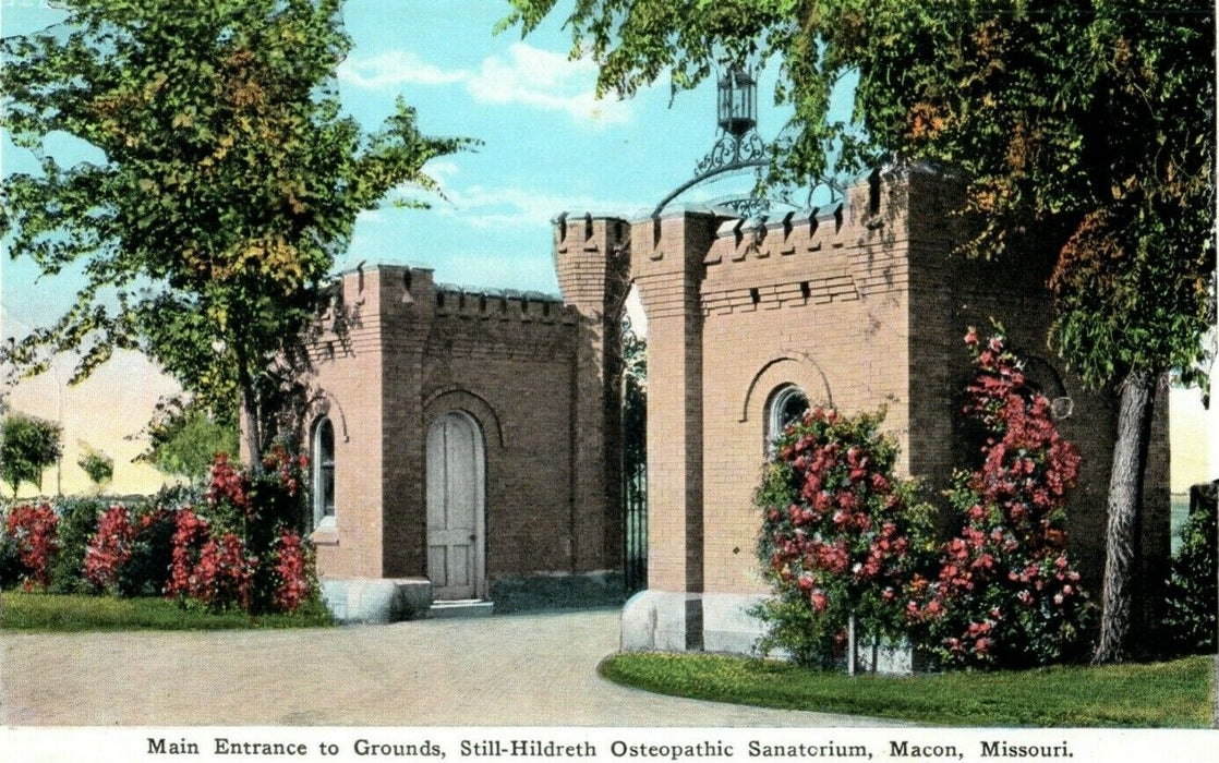 c1915 Entrance Still-Hildreth Osteopathic Sanatorium Macon Missouri MO Postcard