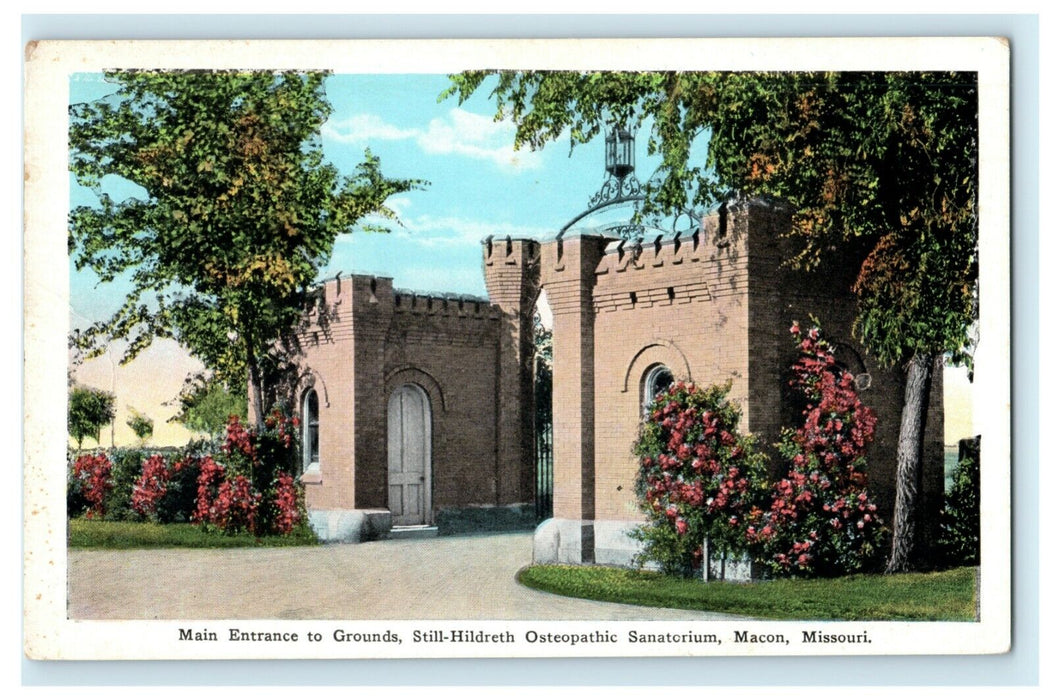 c1915 Entrance Still-Hildreth Osteopathic Sanatorium Macon Missouri MO Postcard