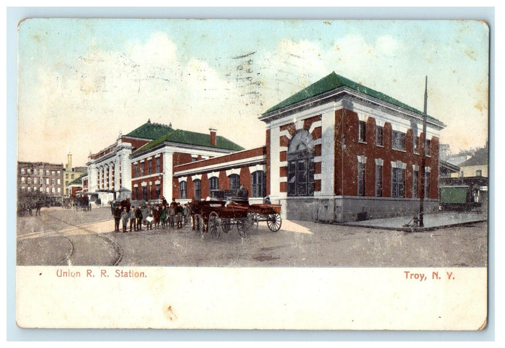 1906 Union R.R Railroad Station Horse Carriage Troy New York NY Antique Postcard
