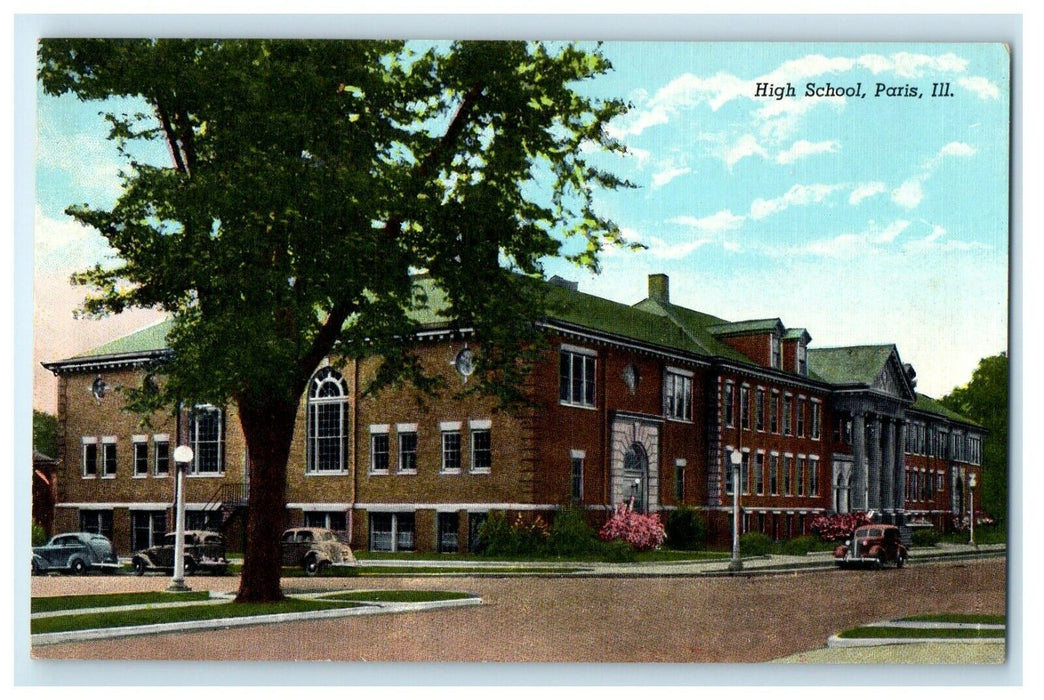 c1940's View Of High School Building Cars Paris Illinois IL Vintage Postcard