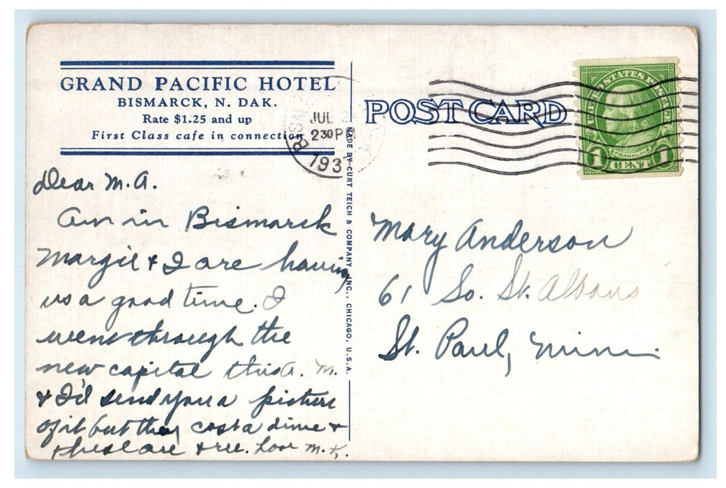 1937 Grand Pacific Hotel Bismarck North Dakota ND Posted Vintage  Postcard