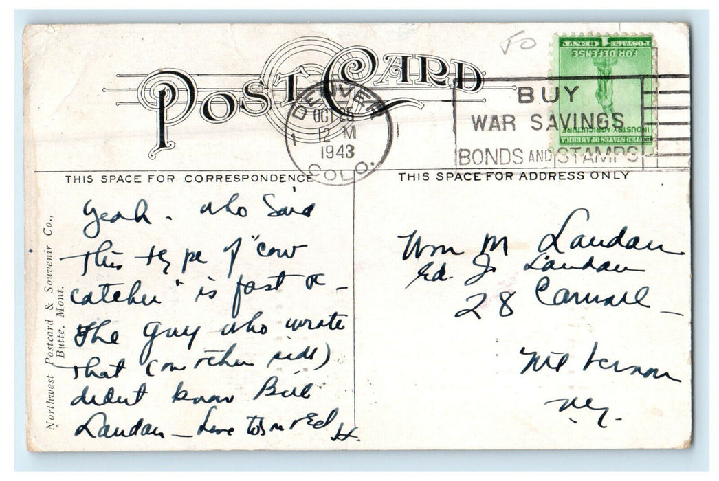 1943 Cow Catcher/Cowboy Using Lasso On Bull, Denver Colorado CO Cancel Postcard
