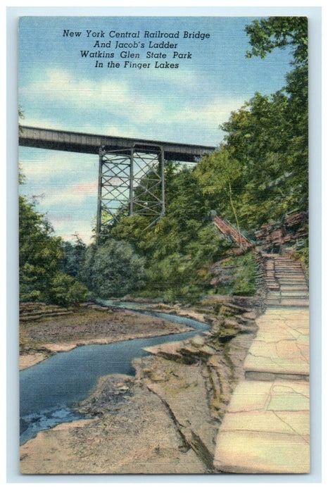 c1940's New York Central Railroad Bridge Jacob's Ladder Watkins Glen NY Postcard